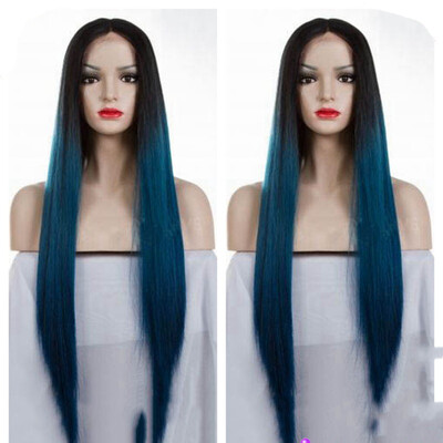 

〖Follure〗Womens Fashion Front lace Wig Blue Synthetic Hair Long Wigs Wave straight Wig