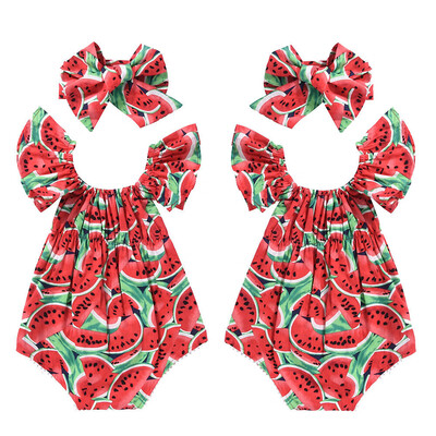 

2019 Summer Cute Newborn Infant Toddler Baby Girls Watermelon Romper BodysuitHeadband Clothes Sunsuit 2PCS
