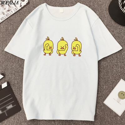 

Womens Round Neck Cartoon Yellow Ducks Print Short Sleeve T-Shirt