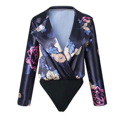 

Women Deep V-Neck Floral Print Bodysuit Long Sleeve Sexy Nightclub Jumpsuit