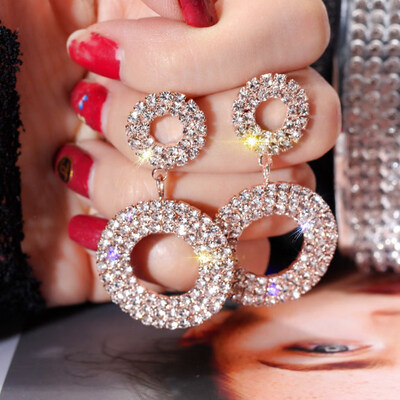 

New Crystal Drop Earrings Luxury Shining Gold Silver Color Round Rhinestone Dangle Earring For Women Wedding Party Jewelry