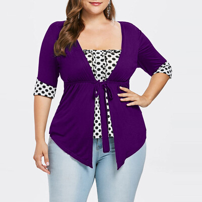 

Roseonmyhand Fashion Women Plus Size Square Neck Polka Dot Ribbons Empire Waist T-shirt Tee
