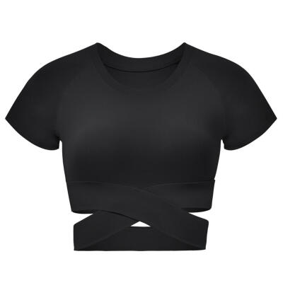 

Solid Color Sports Crop Tops Women O-neck Cross Waist Short Sleeve T-shirt