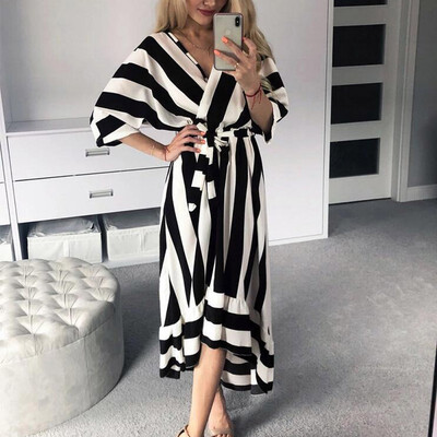

Women Asymmetrical Stripes Print Dress Stripes V-Neck Lace Tie Casual Half Sleeve Shirt Dress