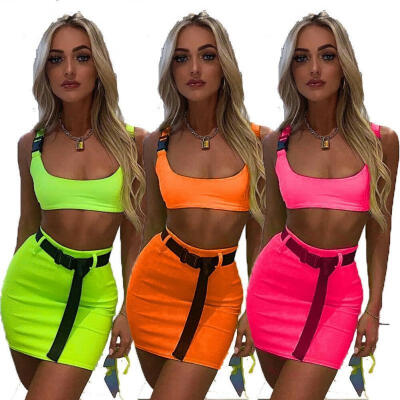 

Women Sexy Crop Top Mini Skirt Outfit Two Piece Bodycon Bandage Clubwear Midi Dress