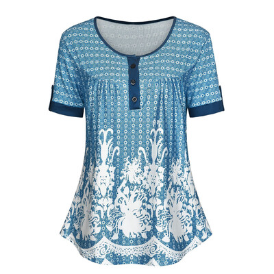 

Womens Round Neck Short Sleeve Tops Buttons Printed T Shirt Summer Retro Blouse