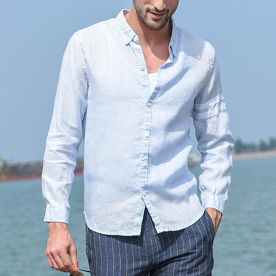 

Tailored Men Vintage Pure Color Button Linen Solid Long Sleeve Retro Shirts Tops Blouse