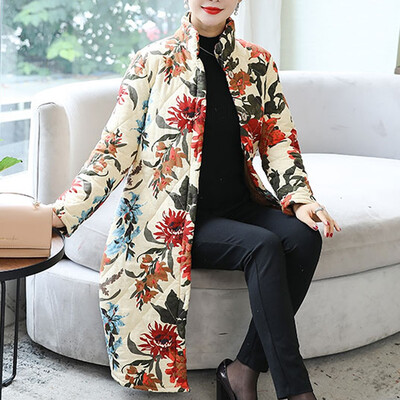 

Toponeto Fashion Women Round Collar Warm Retro Printing Top Long Sleeve Blouse Loose Coat