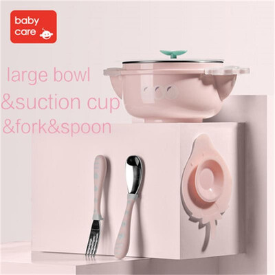 

BabyCare 5Pcs Set Baby Silicone Stainless Steel Tableware Feeding Dish Kids Sucker Spoon Fork Cup Baby Food Training Container