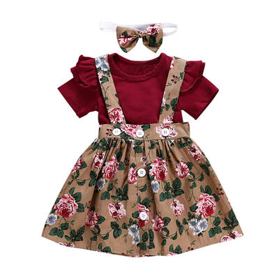 

3pcsset Kids Girls Flower Print Sling Dress Headband Short Sleeve Romper
