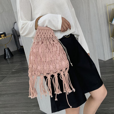 

British new wooden handle portable mosquito net straw bag cotton rope handmade woven bag Sen beach bag