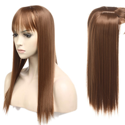 

Long Straight Hair Topper With Thin Air Bangs Clip In Hair Middle Part Synthetic Hairpiece For Women