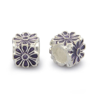 

Silver Tone Alloy Enamel European Beads Large Hole Beads Cube with Flower Pattern Indigo 8x8x8mm Hole 5mm