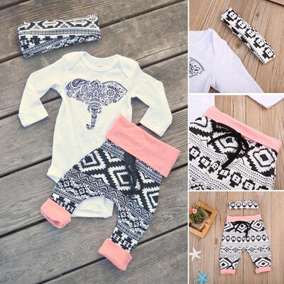 

3pcs Set Infant Toddler Baby Boy Girl Tops RomperLong Pants Outfits Set Clothes 0-24M