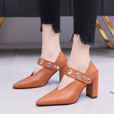 

Rose Vintage Womens Flats Pumps Ladies Pointed Faux Leather Thick Heel Single Shoes