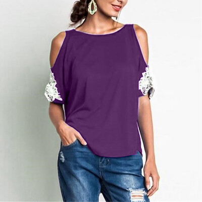 

Starmoon Women O-Neck Plus Size Strapless Lace Short Sleeve Blouse Easy Top Shirt