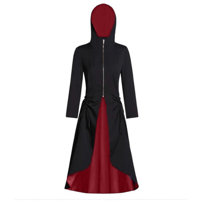 

Tailored Women Vintage Hooded Zip Front Color Block Ruched Back Bandages Party Long Coat