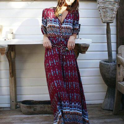 

Women Bohemia V-neck Floral Print Ethnic Summer Beach Boho Long Dress