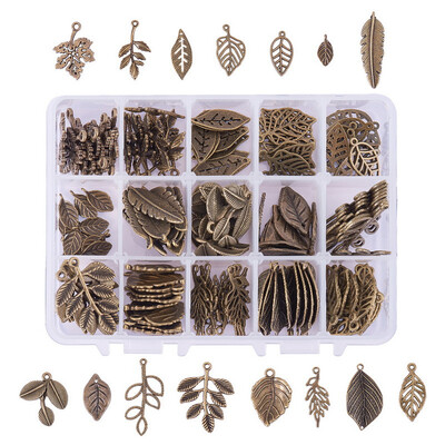 

PH PANDAHALL 150pcs 15 Styles Tree Leaf Style Antique Bronze Tibetan Alloy Charms Pendants Beads