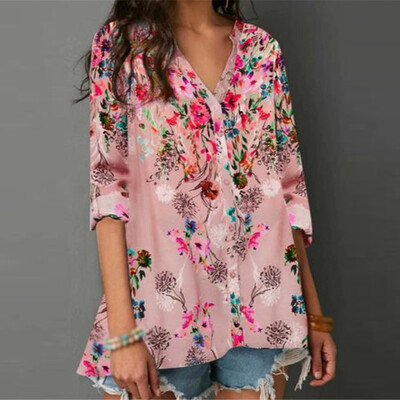 

Womens V Neck Long Sleeve Tops Floral Print Casual Shirt Summer Loose Blouse
