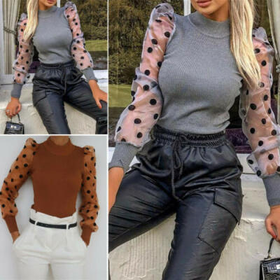 

Women Turtle Neck Mesh Puff Long Sheer Sleeve Sweater Top Pullover Blouse Shirts