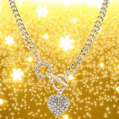 

Womens Inlaid Rhinestone Heart Shape Pendant Short Curb Chain Necklace Jewelry