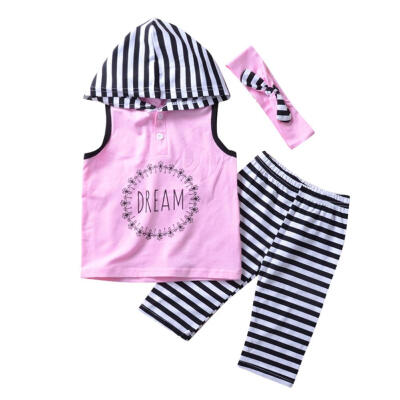 

Summer Casual Clothes Set Girls Kids 3pcs Stripe Hooded Tops Pants Headband