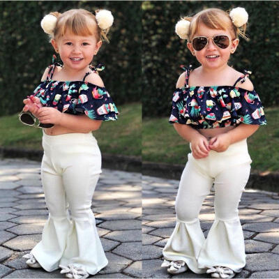 

Fashion Toddler Kids Girls Off Shoulder Floral Tops Flares Pants Outfits Set