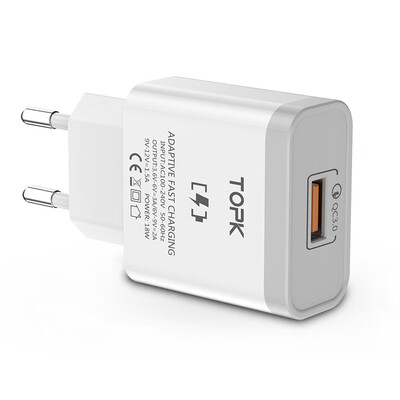 

TOPK 18W Quick Charge 30 Fast Mobile Phone Charger EU Plug Wall USB Charger Adapter for iPhone Samsung Xiaomi Huawei