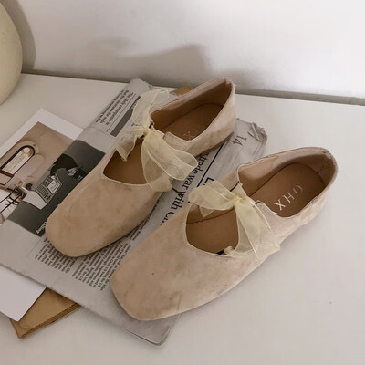 

Fangtou shallow-mouthed single-shoe fairy Korean version flat-soled tie bow retro ballet grandmother shoe spring