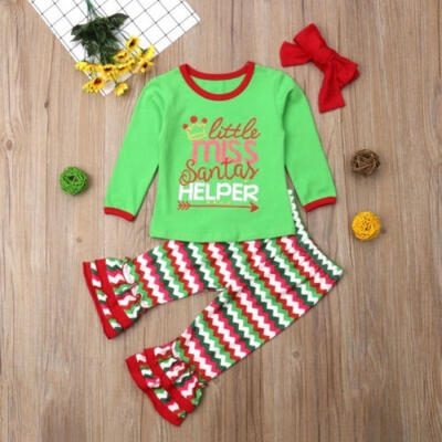 

3Pcs Christmas Kids Toddler Baby Girls Clothes Sets Striped Top Pants Ruffles Headband Cotton Outfits Clothes 1-5T
