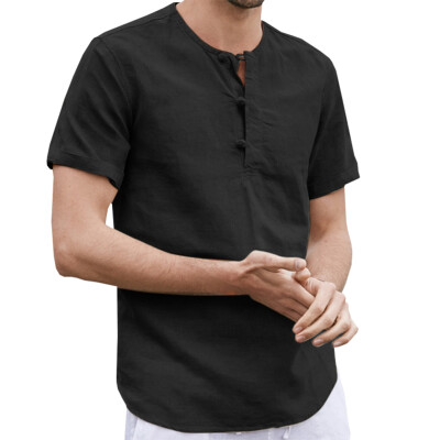 

New Men Fashion Short Sleeve Linen T-Shirt Casual Solid Color Male Retro T-Shirt Blouse Top