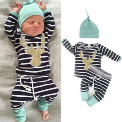 

US 3Pcs Newborn Baby Kid Boy Stripe Long Tops Romper Pants Hat Outfits Clothes