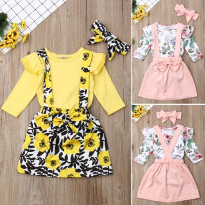 

3PCS Toddler Baby Girls Cotton Long Sleeve Romper Flower Skirt Bowknot Dress Set