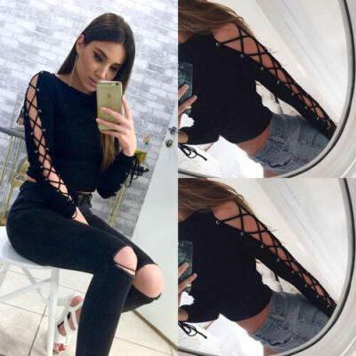 

Women Slim Fit Lace Up Long Sleeve Shirt Blouse Casual Cotton Knitted Crop Tops