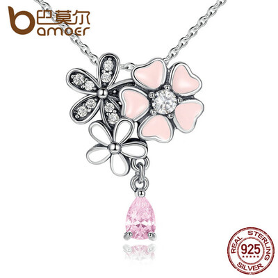 

BAMOER 925 Sterling Silver Pink Heart Blossom Cherry Flower 45CM Pendants & Necklaces Women Sterling-Silver-Jewelry SCN046