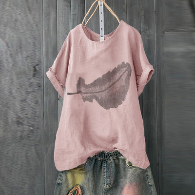 

Roseonmyhand Plus Size Women Short Sleeve Cotton Linen O-Neck Print Blouse Top T-Shirt