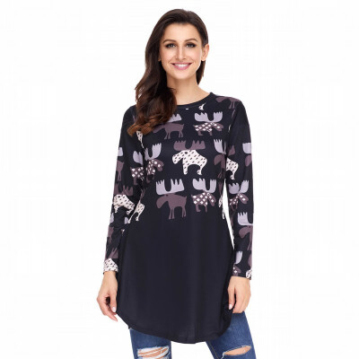 

Round neck long sleeve geometric snowflake reindeer side pocket casual shirt tops womens