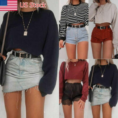 

NEW Womens Casual Long Sleeve Crop Top Hoodie Sweatshirt Jumper Pullover Tops