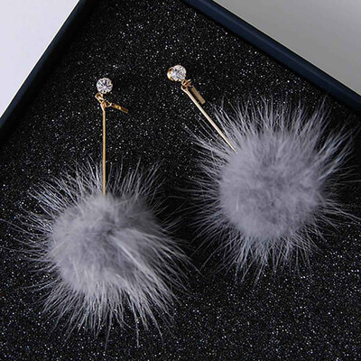 

New Korean Fashion Accessories Pompom Fur Ball Long Earring Mink Hair Drop Crystal Earrings Set for Women