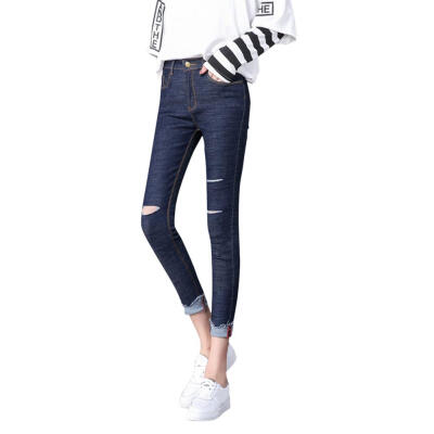 

Women Fashion Hole Jeans High Waist Stretch Tight Streetwear Pencil Pants