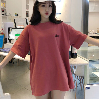 

Womens T-shirt Summer Letter Tee Basic Shirts Women Solid O-Neck Short Sleeve Long Casual Female Woman Tops