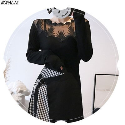 

Womens Patchwork Long Sleeve Mesh Lace Stitching Slim Midi Pencil Dress Knee-Length Mesh Casual Full Sleeve Dresses