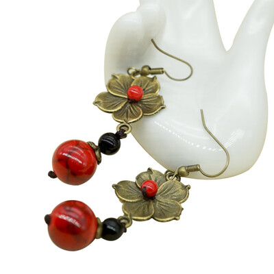 

Vintage Ethnic Flowers Jewelry Dangle Earrings Fashion Black Stones Vintage Earrings New Nature Stones Ethnic Earrings