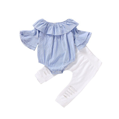 

Autumn Casual Baby Girls Clothes Sets Flare Sleeve Cotton Striped Print Romper Tops Hole Design Pants Outfits Set