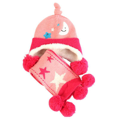 

Baby Girls Boy Toddler Kids Winter Scarf Hat set Star&Moon Wool Knitted Crochet Earflap Cap Scarf