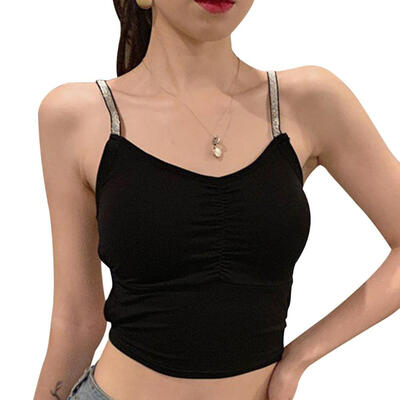 

Women Versatile Sleeveless Off Shoulder Slim Solid Color Sexy Sequins Cross Strap Top Tube Camisole