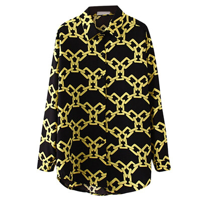 

Women Vintage Cartoon Blouse Chain Print Lapel Shirt Loose Single-breasted Long Sleeve Blouse