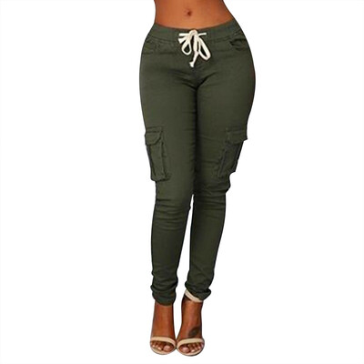 

New Women Pants bandage Comfy Pocket Mid Waist Elastic Drawstring Solid Color Loose Straight Casual Long Tooling Pants