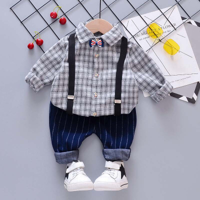 

Autumn Fashion infant clothing Baby Suit Baby Boys Clothes Gentleman Bow Tie grid shirt suspender Baby Long Set